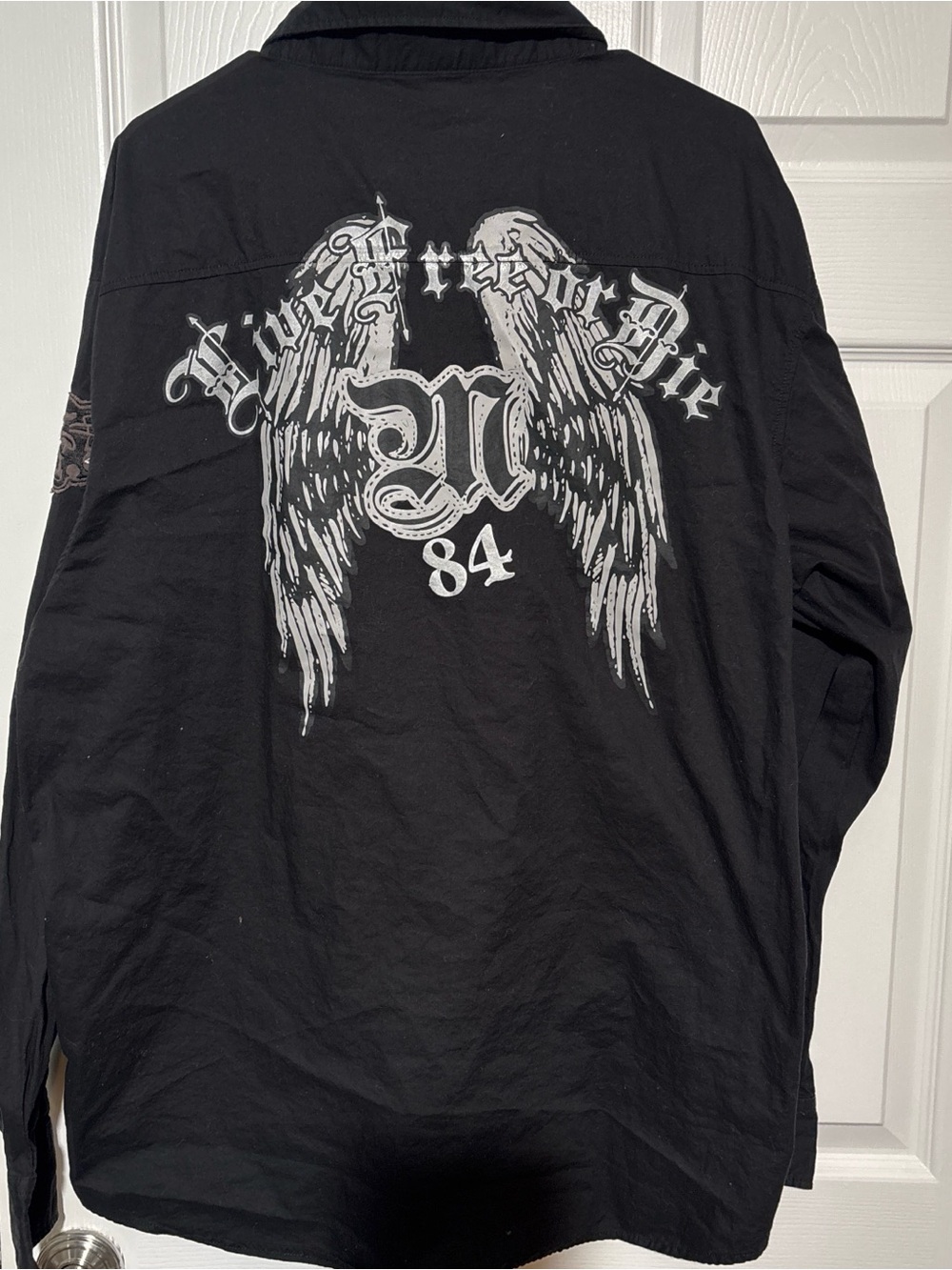 mecca Black Long-Sleeve Button-Down Shirt with White Wing Back Graphic